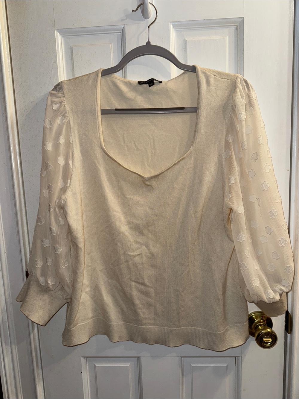 Adrianna Papell Cream Scoop-Neck Knit Top with Sheer Floral Sleeves